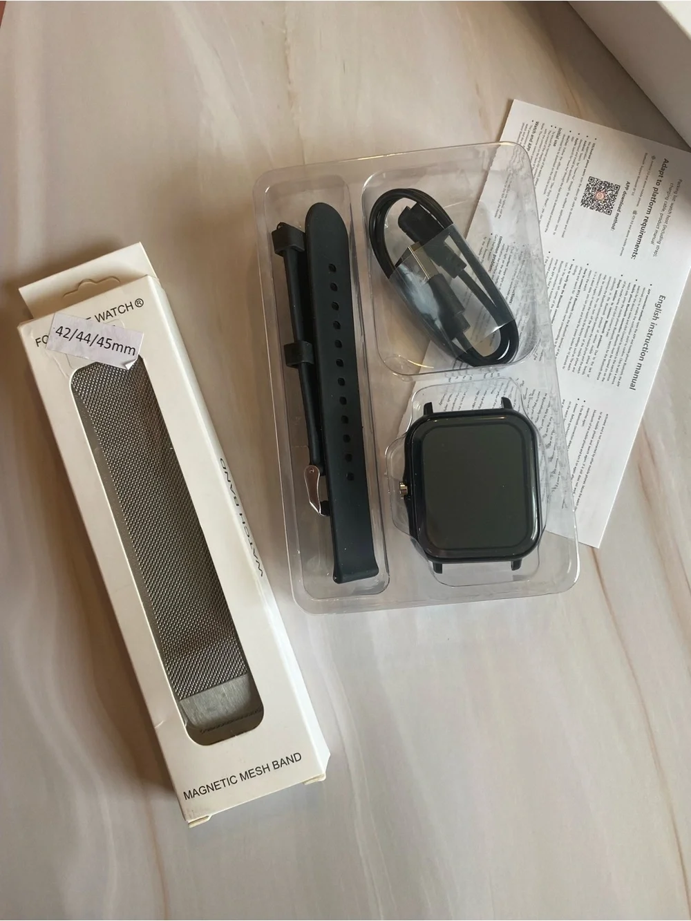 Smart Watch with Black Strap and Silver Magnetic Mesh Band Bundle